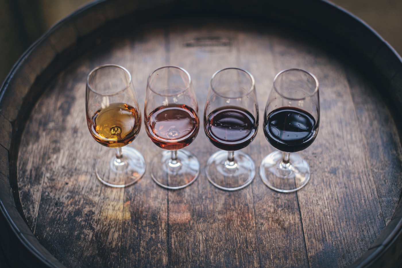 Wine tasting flight on a Hunter Valley cellar-door barrel